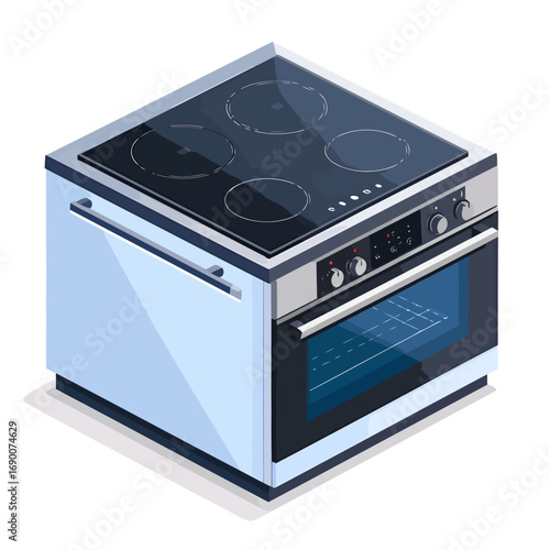 Isometric electric stove with a built in oven and ceramic glass cooktop.
