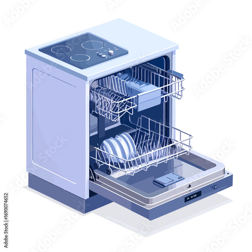 Modern open dishwasher with dishes inside isometric illustration.