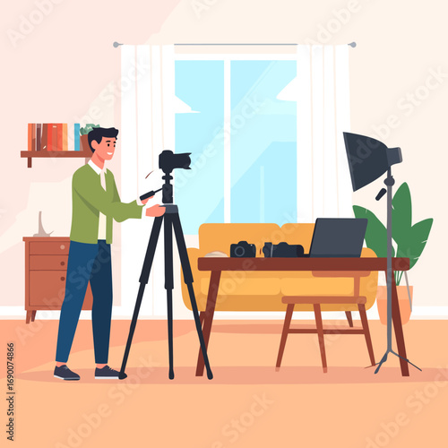 Man operating a professional camera on a tripod in a studio setting.