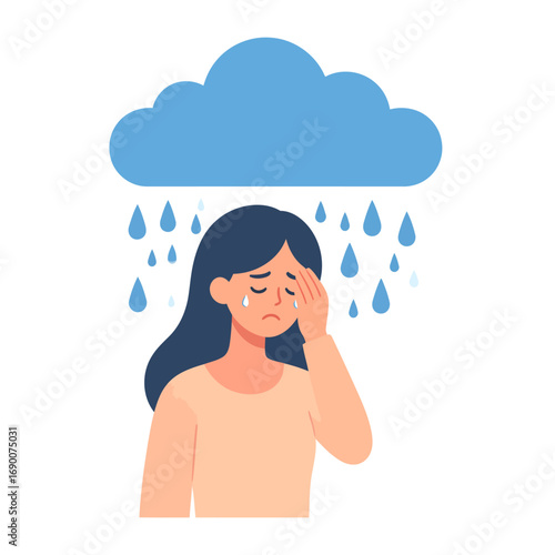 Sad woman crying under rain cloud symbolizing depression and emotional distress.