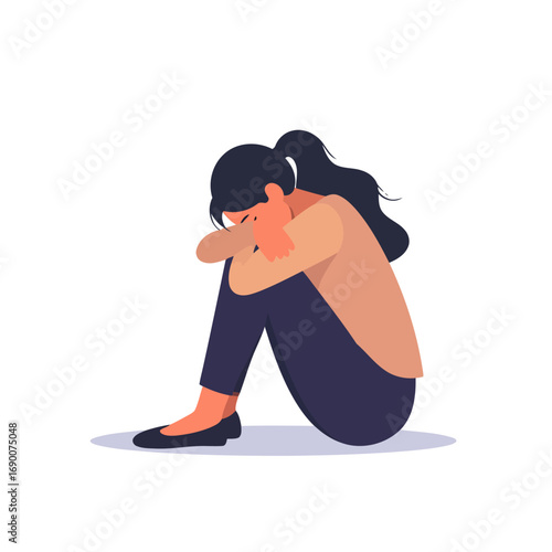 Sad Woman Sitting with Head in Arms, Depressed and Anxious.