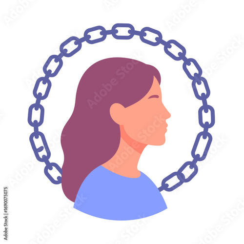 Womans Profile Surrounded by Chains - Symbol of Freedom and Overcoming Obstacles.
