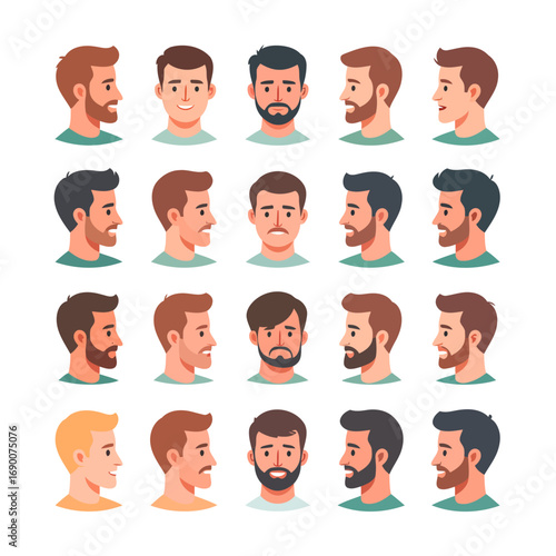 Diverse Male Faces Collection with Various Hairstyles and Facial Hair.