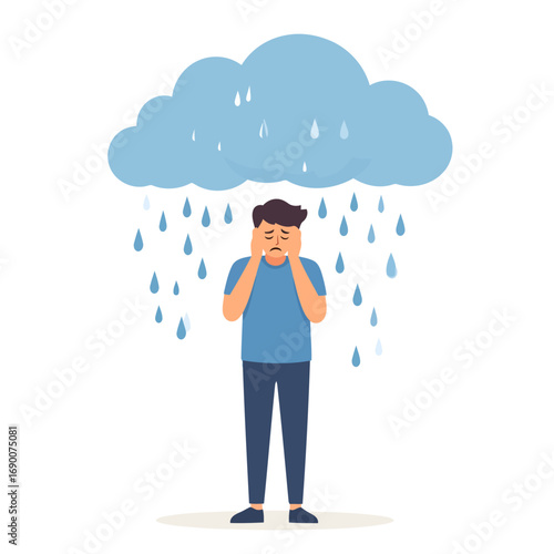 Depressed man standing under a rain cloud representing sadness and mental health issues.