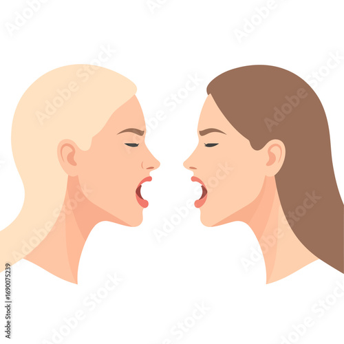 two women arguing, profile view, loud voices.