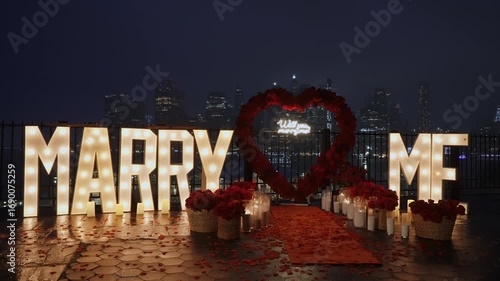 Imagine a stunning and romantic setup for a beautiful marriage proposal adorned with illuminated signs and roses