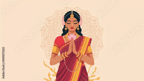 Feminine and spiritual vector of Indian woman in sari with lotus flower, traditional cultural artwork, Ai generate 