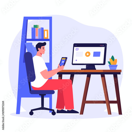 Man working on computer and tablet at desk in office.