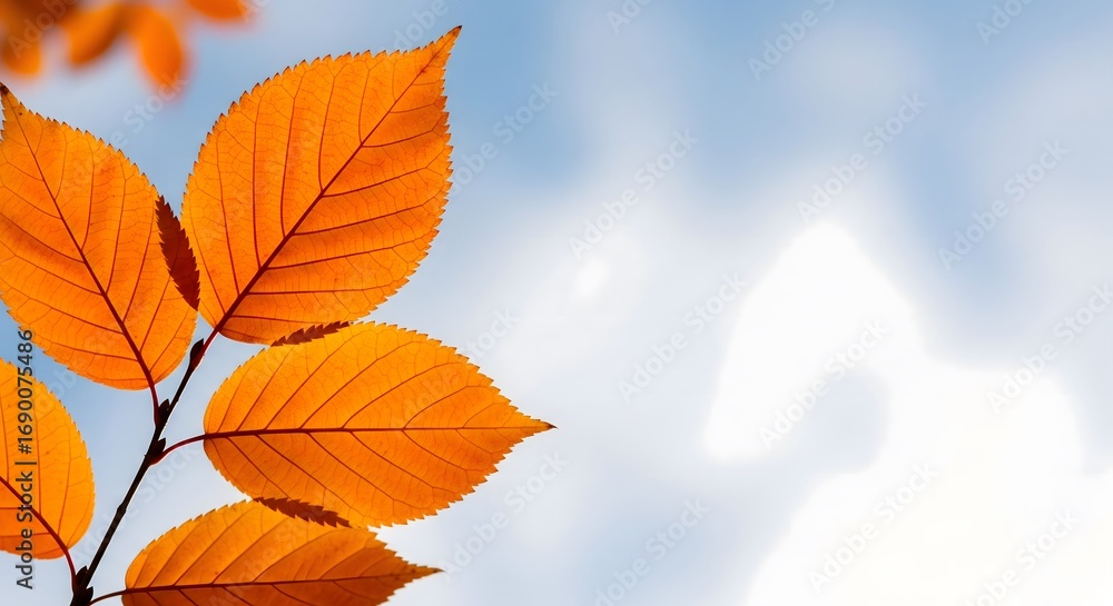 Naklejka premium Autumn Orange Leaves on White Sky Background