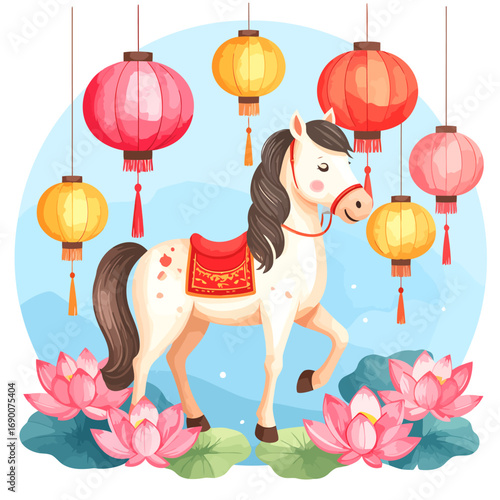 Charming white horse with red saddle and black mane surrounded by lanterns.