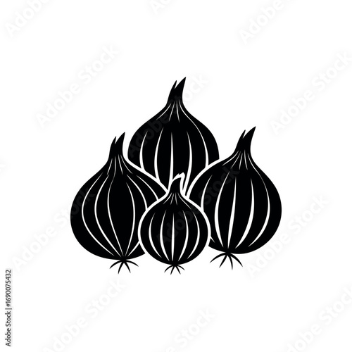 Black and white illustration of fresh onions, food ingredient concept art silhouette vector