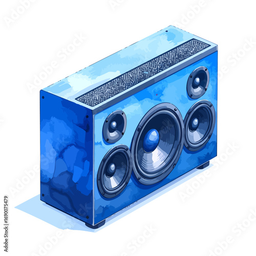 Blue audio speaker with multiple speakers and a dark grill on top.