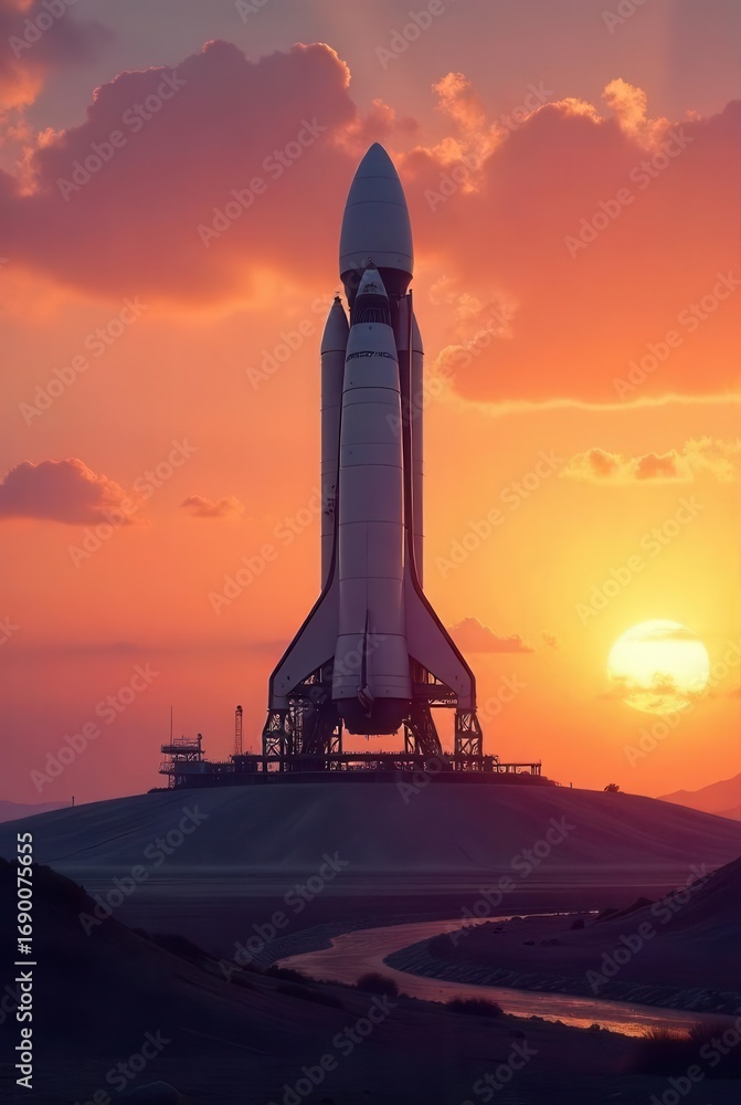 Naklejka premium A majestic spacecraft stands poised on the launchpad, silhouetted against a breathtaking sunset, ready for its journey into the cosmos.