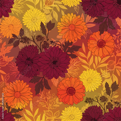 Vibrant floral pattern featuring chrysanthemums in warm autumn colors, seamless pattern, royalty free stock.