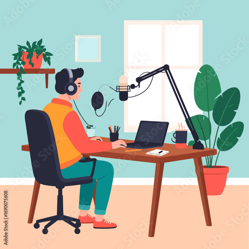 Man recording podcast at desk with microphone and laptop.