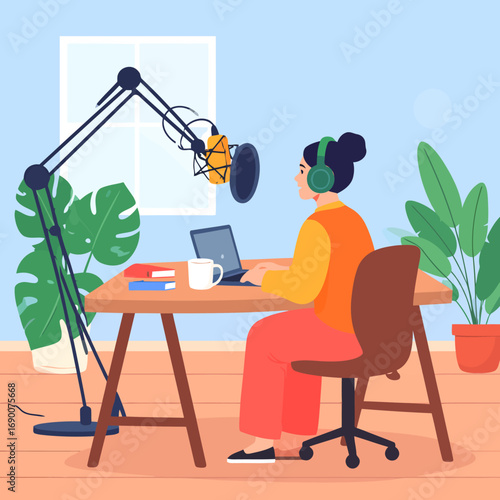 Woman recording a podcast in a home studio with microphone and laptop.