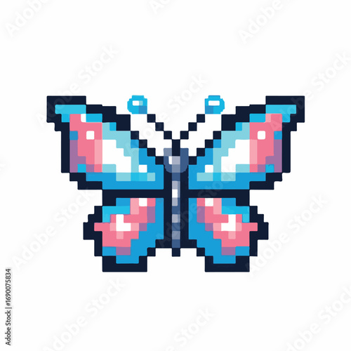 A beautiful pixel art butterfly icon with the colors of the transgender pride flag. Retro 8-bit style digital illustration representing LGBTQ+ identity and freedom