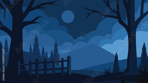 Moody Blue Night Landscape Trees, Full Moon, Fences, and Forested Hills