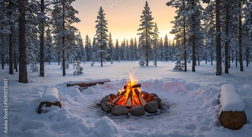 Cozy Campfire in Snowy Winter Forest at Sunset.