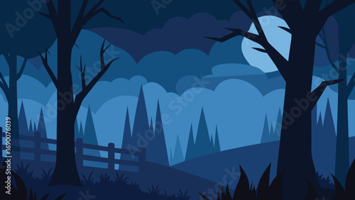 Moody Blue Silhouette Landscape Trees, Moon, Cloudy Sky, and Wooden Fence Illustration