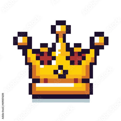 Golden pixel crown graphic representing a winning achievement or royalty status in a retro 8-bit video game style, isolated on a white background