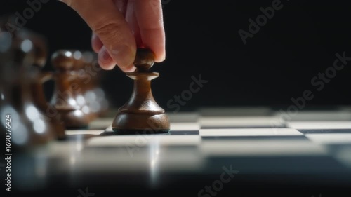 Close up of a hand moving a black pawn forward on a chessboard