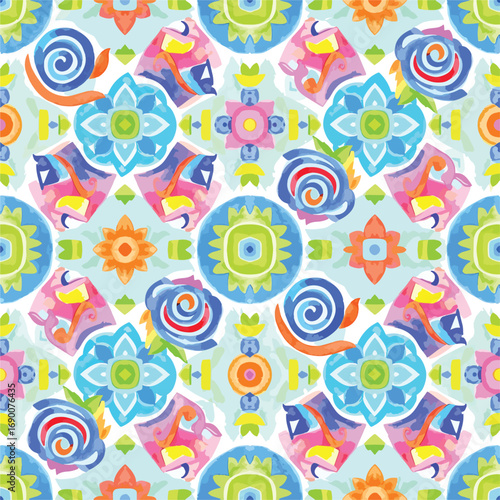 Vibrant floral pattern with watercolor texture and colorful decorative elements, seamless pattern, Stock royalty free image.