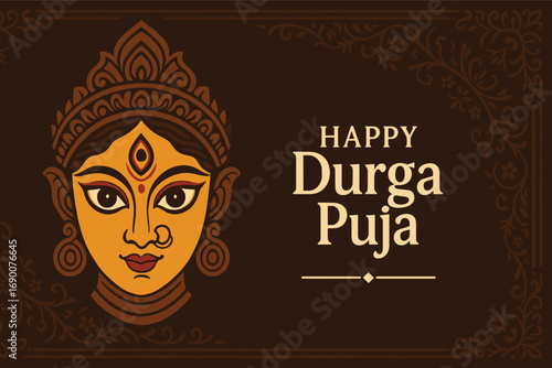 Durga goddess face vector illustration with ornate crown earrings and nose ring on dark decorative background for puja celebration