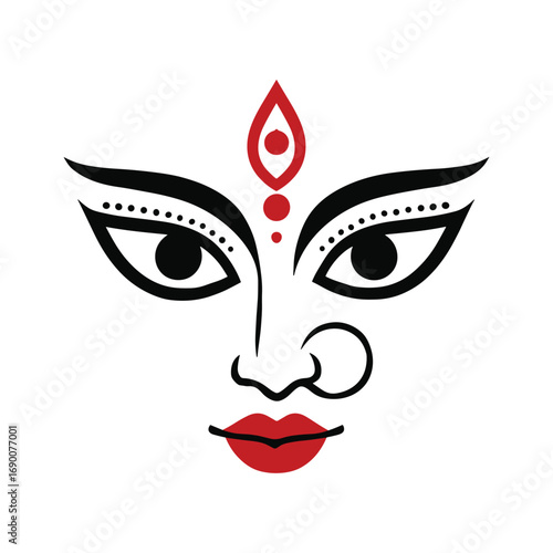 Vector illustration of goddess Durga face with red lips, nose ring, dotted eye decoration and traditional forehead symbol for Durga Puja festival isolated on transparent background