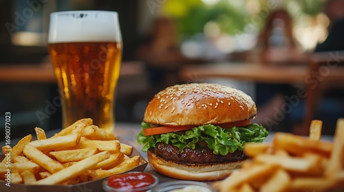 Burger fries and beer on a table in a cafe or restaurant