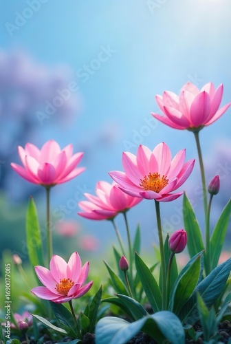 Serene Pink Blossoms Gracefully Unfurling in a Gentle Breeze Under a Tranquil Sky