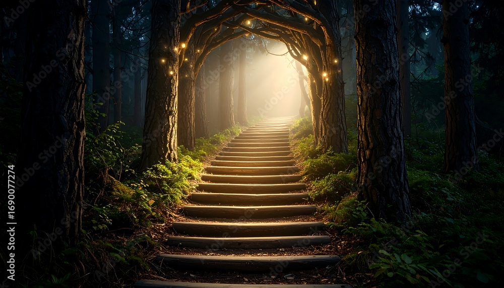 Obraz premium Walking Path Through Forest with Glowing Lights