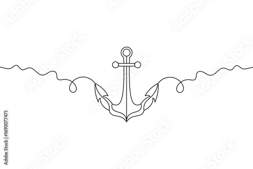 Anchor Continuous Line Art Vector  Minimalist Nautical Symbol Design.