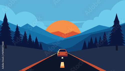 Orange Car on Road with Mountain View and Sunset in Flat Art