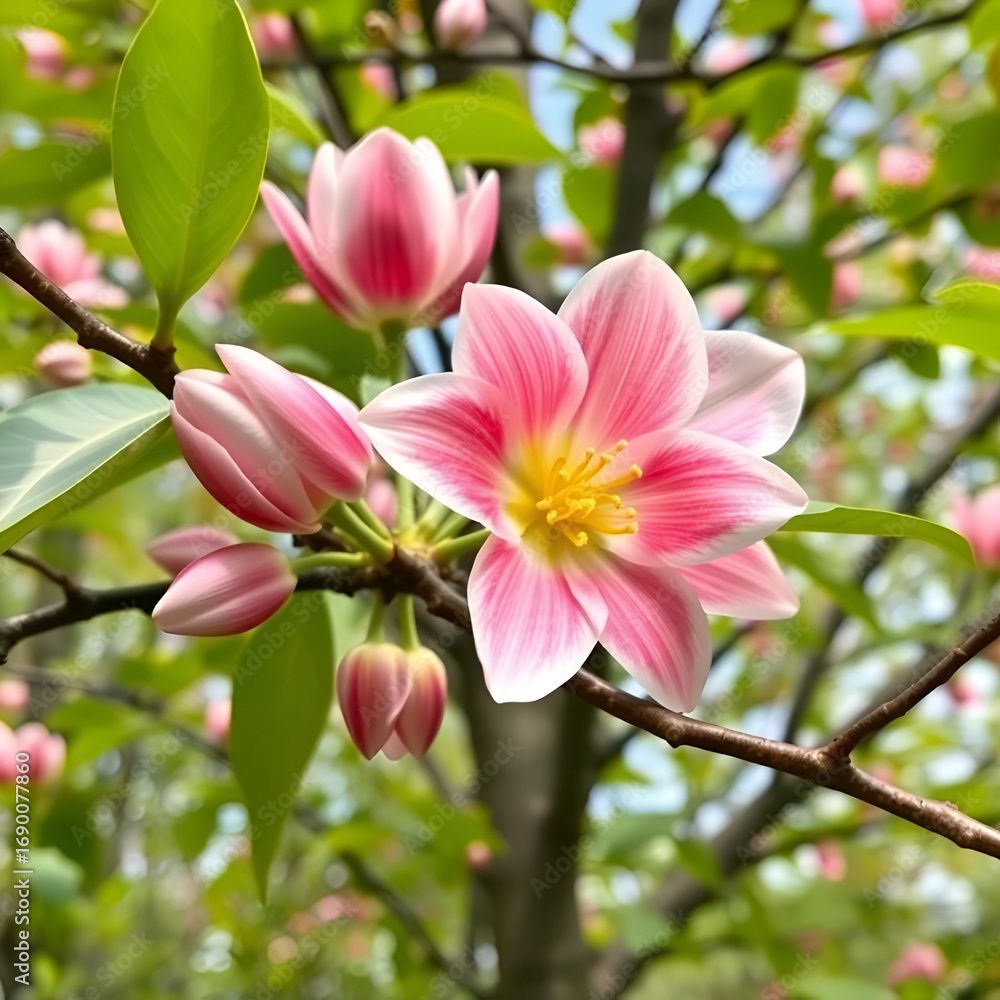 Fototapeta premium Liriodendron tulipifera beautiful ornamental tree in bloom, American tulip tree tulipwood flowering, flower on the branch