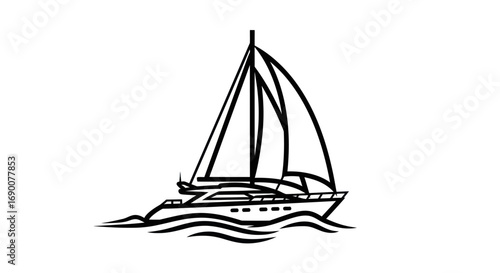 Elegant Line Drawing of a Sailing Yacht on Waves.