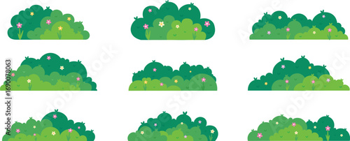 Grass Bush Flat Illustration Set – Cute Greenery Vector Collection