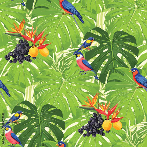Vibrant tropical pattern featuring exotic birds, monstera leaves, and fruit clusters, patern seamless, Stock royalty.