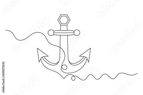 Anchor Continuous Line Art Vector  Minimalist Nautical Symbol Design.