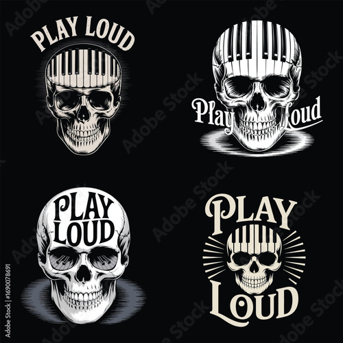 Skull piano head with text piano keys music