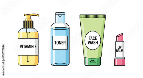 Essential skincare lineup featuring vitamin E serum toner face wash and lip balm for daily routines, Generative AI.