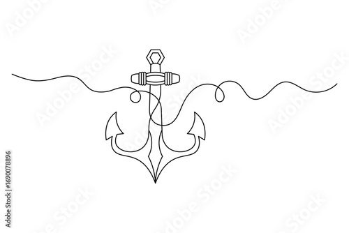 Anchor Continuous Line Art Vector  Minimalist Nautical Symbol Design.