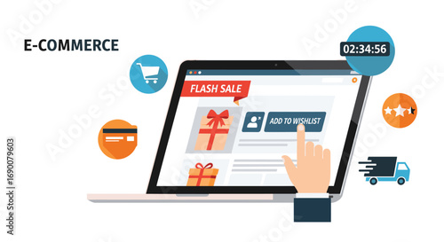 Dynamic e-commerce flash sale with timer and delivery truck icons capturing buyer urgency and online shopping excitement, Generative AI.