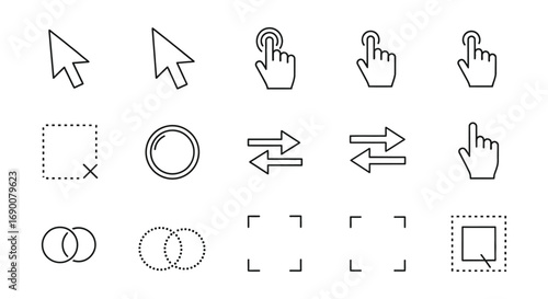 Interface cursor and selection tool line icons set vector
