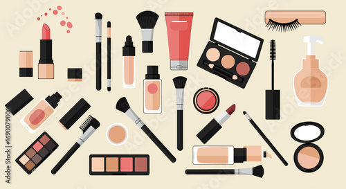 Flat vector illustration of makeup accessories and beauty products, cosmetics set in modern style