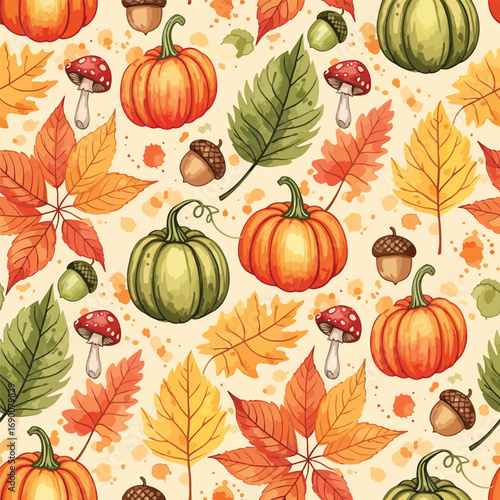 Watercolor autumn pattern with pumpkins leaves mushrooms and acorns illustration, patern seamless, royalty stock.