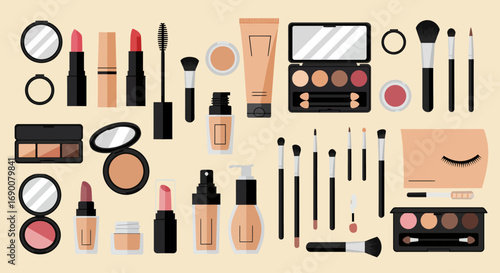 Flat vector illustration of makeup accessories and beauty products, cosmetics set in modern style