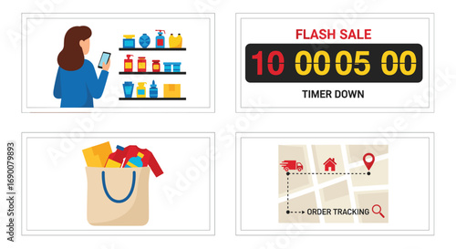Online shopping convenience with flash sale timer shopping bag and order tracking features, Generative AI.