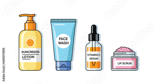 Unlock radiant skin with this essential skincare collection featuring sunscreen face wash vitamin C serum and lip scrub, Generative AI.