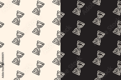 hourglass engraving seamless pattern on black beige background. Sand timer hand drawn doodle pattern background. Sand clock figure hatching motif wallpaper. Strategy game theme merchandise